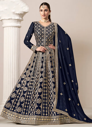 Long sleeve navy blue georgette gown for women
