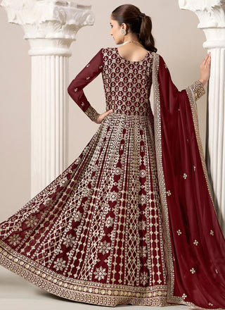 Full sleeves maroon color georgette long salwar suit online price