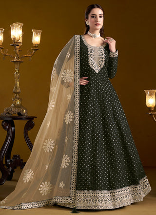 Long dark green chanderi gown for women
