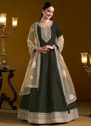 Long sleeve dark green chanderi gown for women
