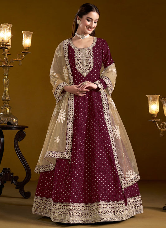 Long wine chanderi gown for women
