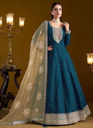 Long sleeve teal blue chanderi gown for women
