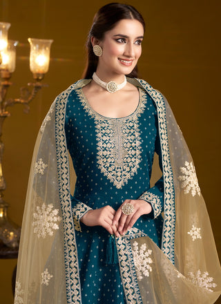 Teal Blue Chanderi Gown Design
