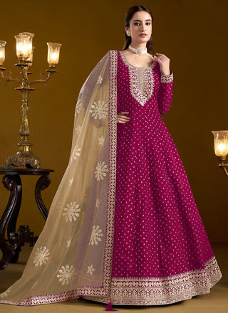 Rani pink chanderi gown for women with dupatta
