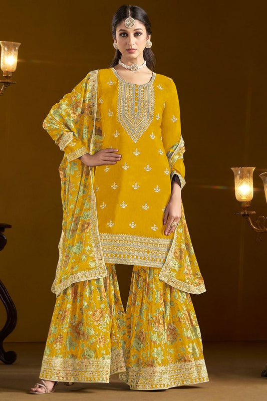 Yellow color chinon sharara suit for women online
