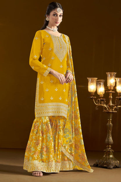 Yellow color chinon sharara suit price
