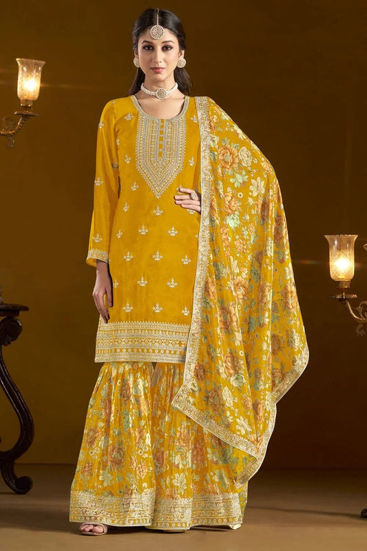 Yellow color chinon sharara suit for women online shopping
