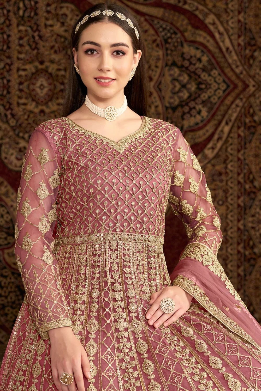 Peach color net gown for women wedding
