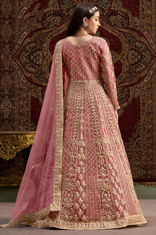 Peach color net gown for women wedding
