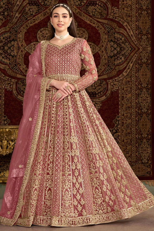 Long sleeve peach color net gown for women
