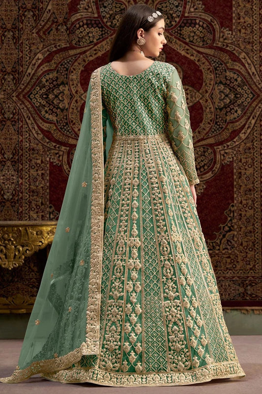 Long sleeve green color net gown for women
