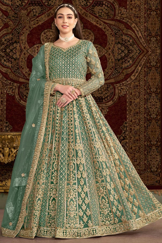 Long green color net gown for women
