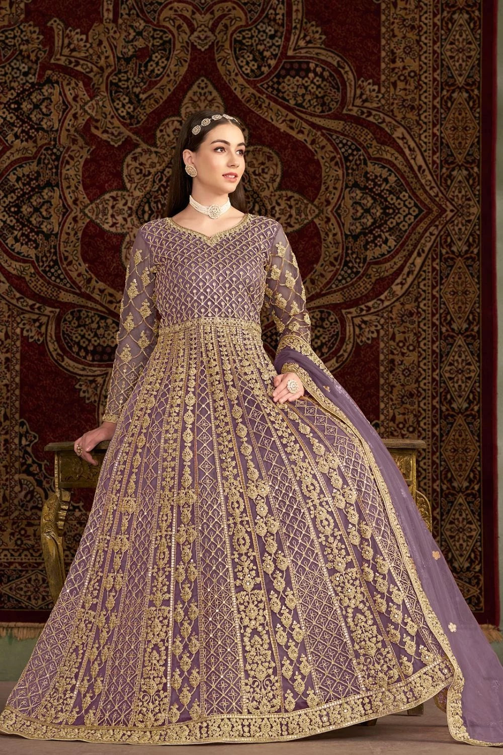 Lavender color net gown for wedding
