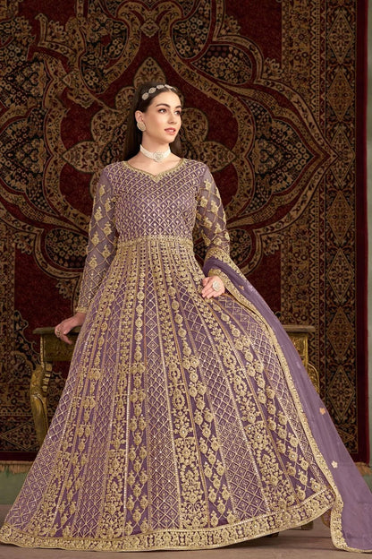 Lavender color net gown for wedding
