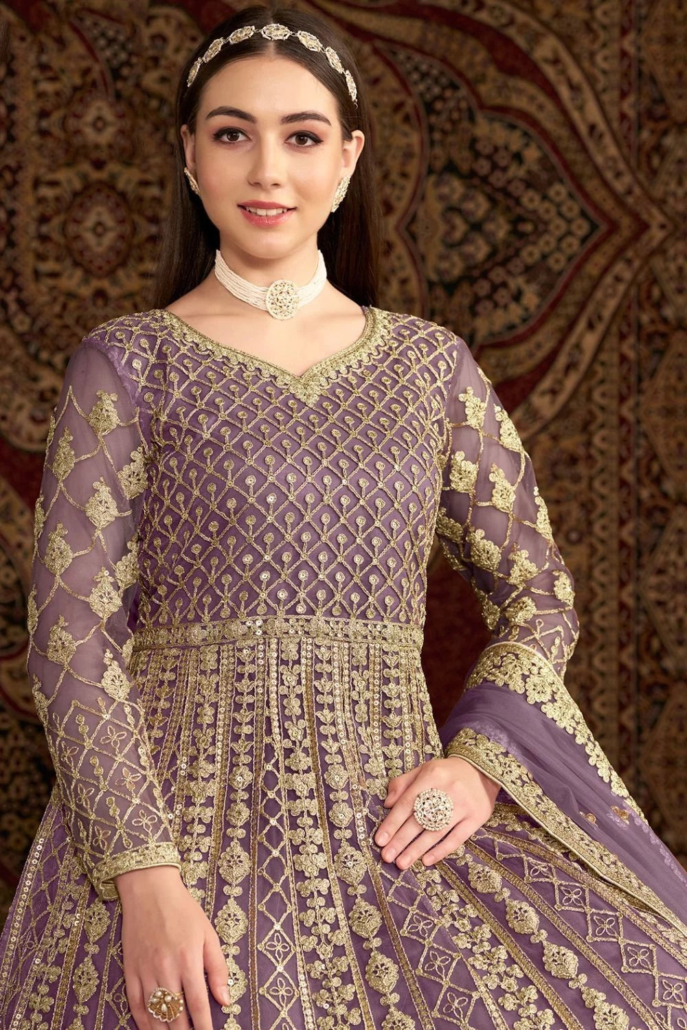 Lavender color net gown online shopping
