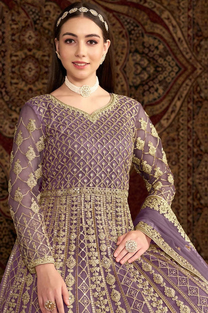 Lavender color net gown online shopping
