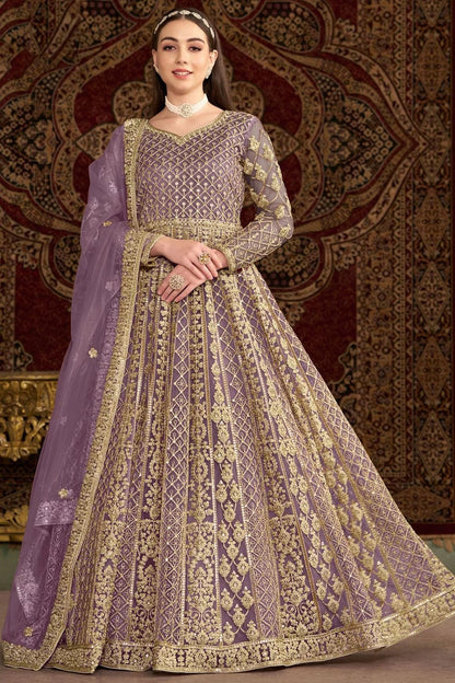 Long sleeve lavender color net gown for women
