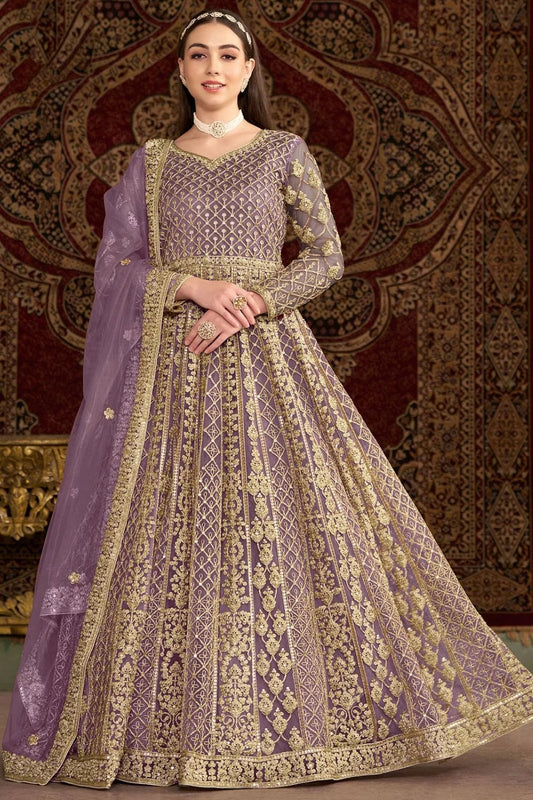 Long sleeve lavender color net gown for women
