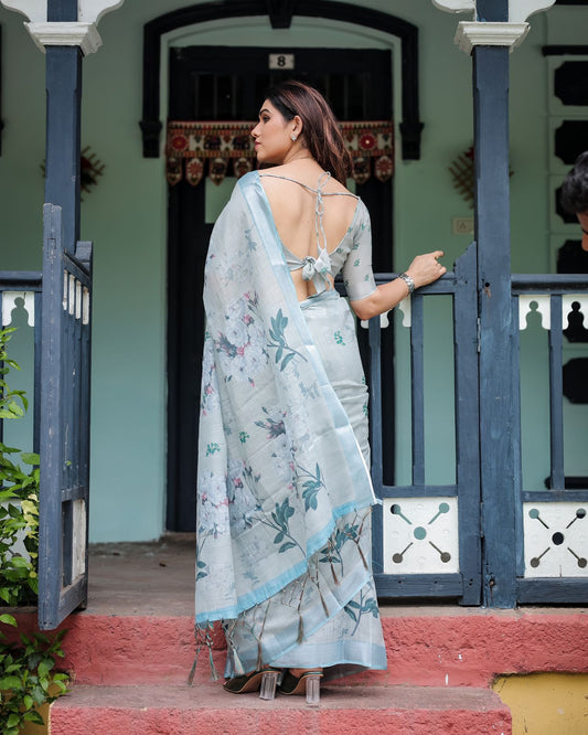 Light Blue color linen printed saree with blouse 