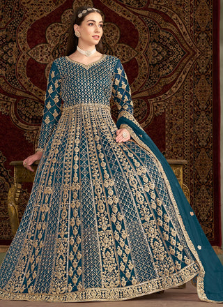 Rama color net anarkali gown for wedding