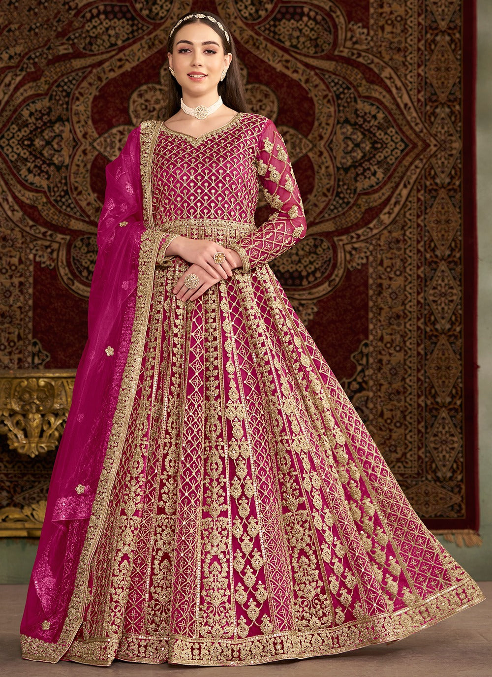 Long sleeve pink net gown for women
