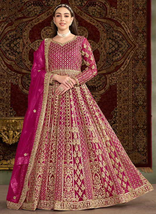 Long sleeve pink net gown for women
