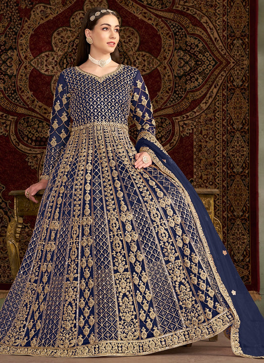 Navy blue net gown for women wedding
