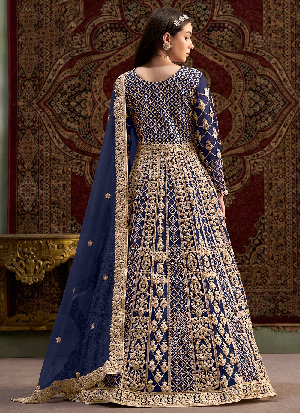 Long sleeve navy blue net gown for women
