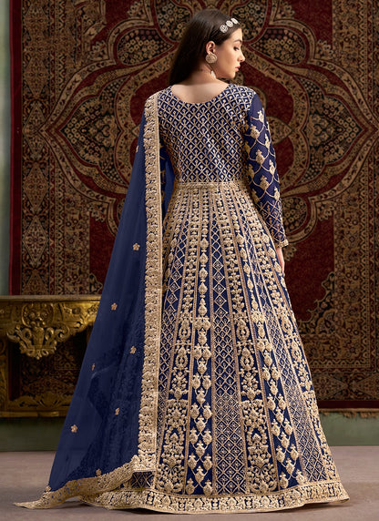 Long sleeve navy blue net gown for women

