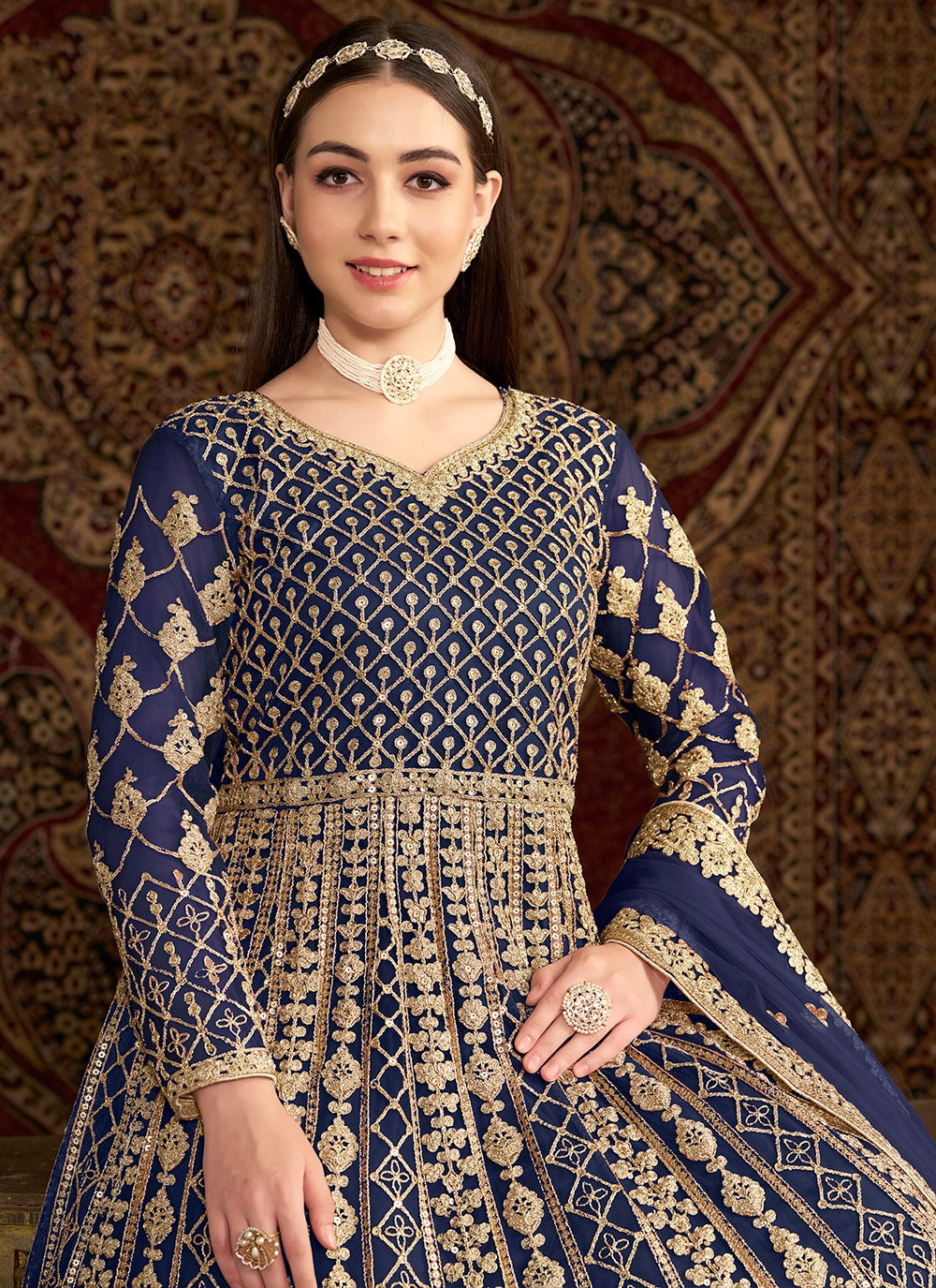 Long sleeve navy blue net gown design