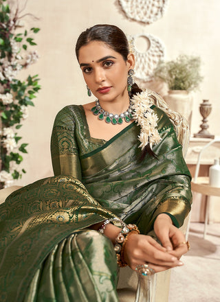 Green color silk zari weaving saree for women online shopping
