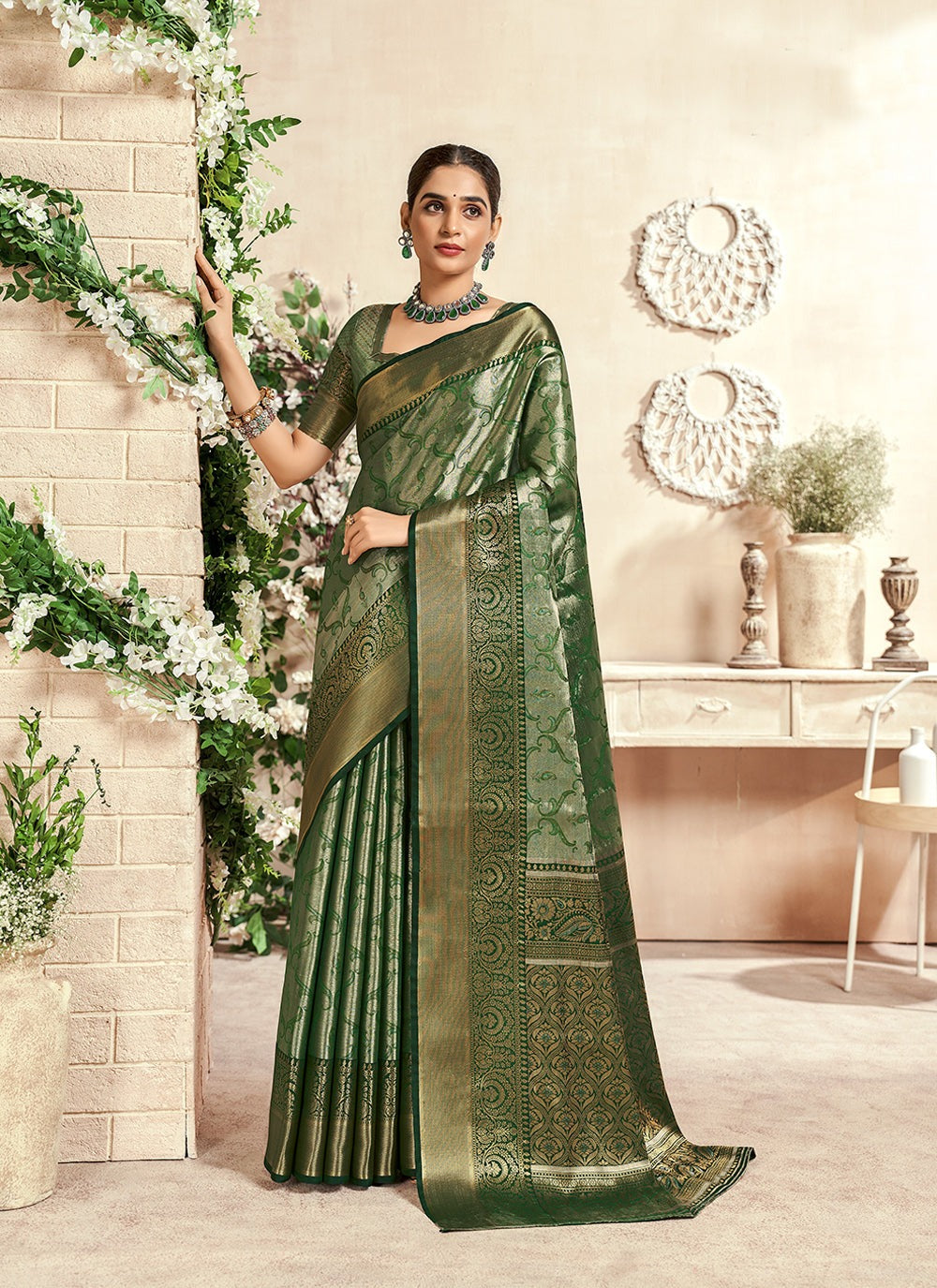 Green color silk zari weaving saree for women price
