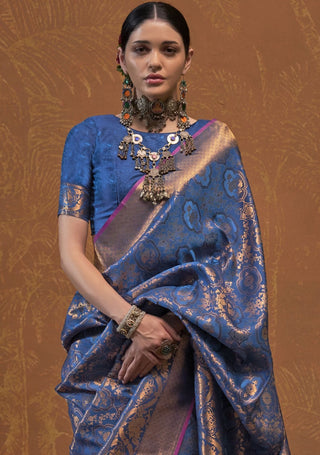 Blue silk saree with blouse for women online price