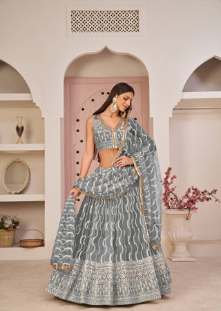 Grey Net Embroidered Sequins Work Wedding Lehenga Choli