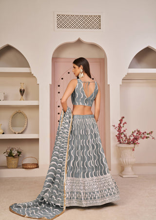 Grey Net Embroidered Sequins Work Wedding Lehenga Choli