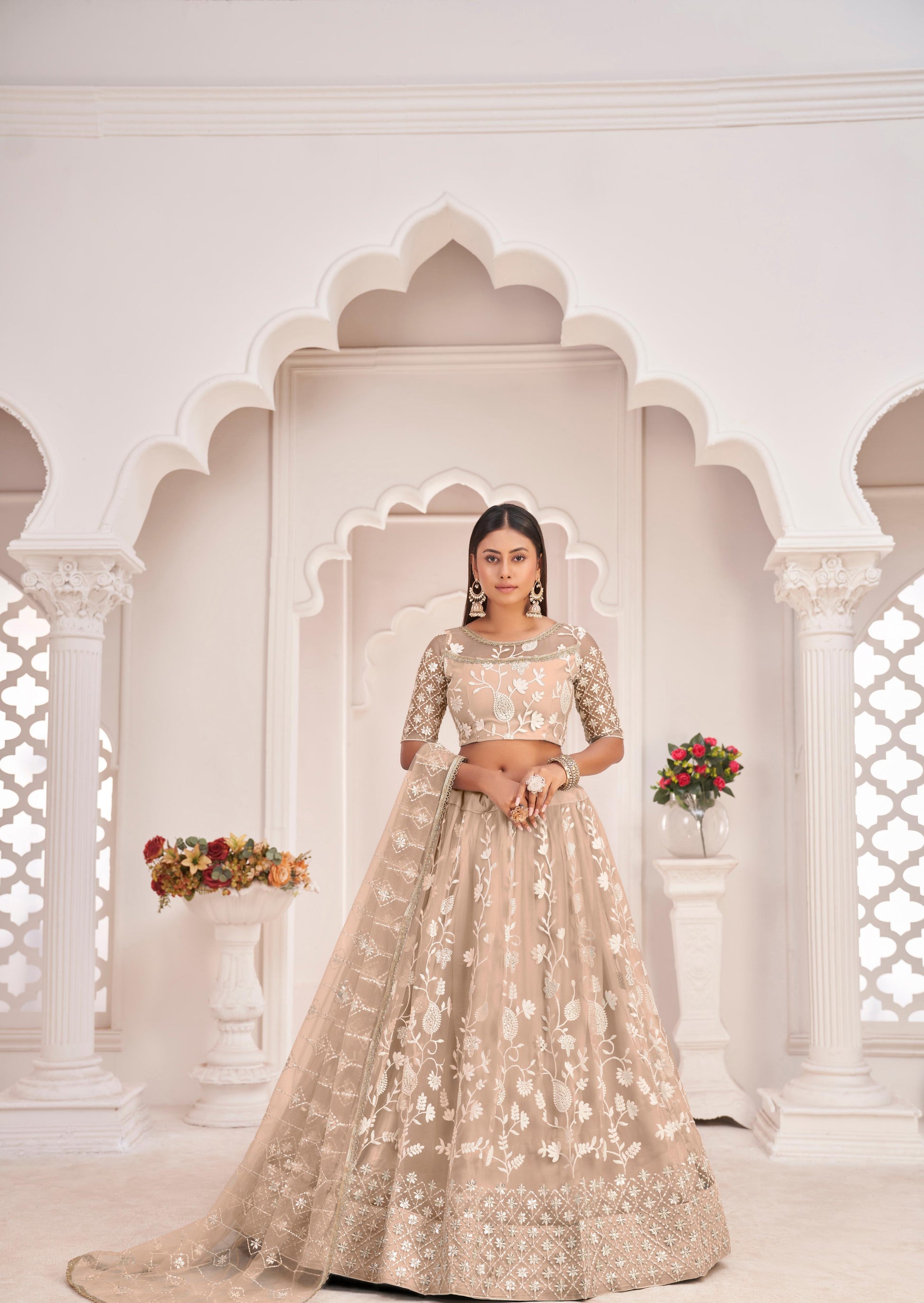Beige Wedding Wear Sequence Work Net Lehenga Choli SEMI-STITCHED / Beige Beige Wedding Wear Sequence Work Net Lehenga Choli SEMI-STITCHED / Beige