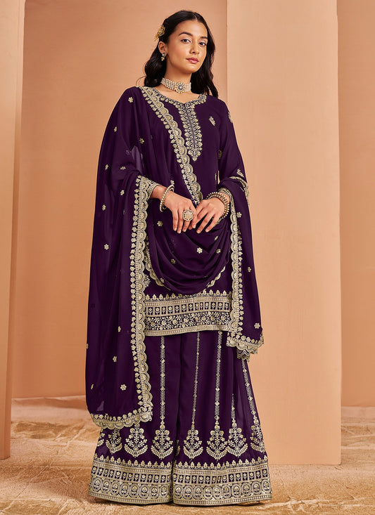 Purple color georgette sharara suit for wedding