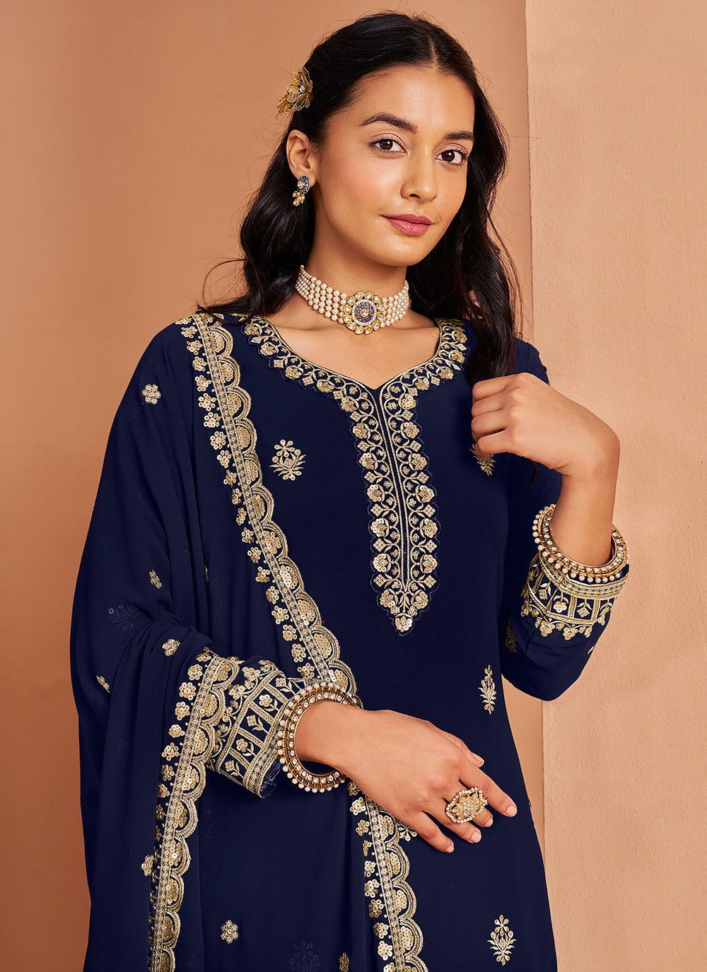 Navy blue color georgette sharara suit with dupatta