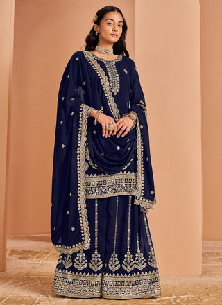 Navy blue color georgette sharara suit for wedding