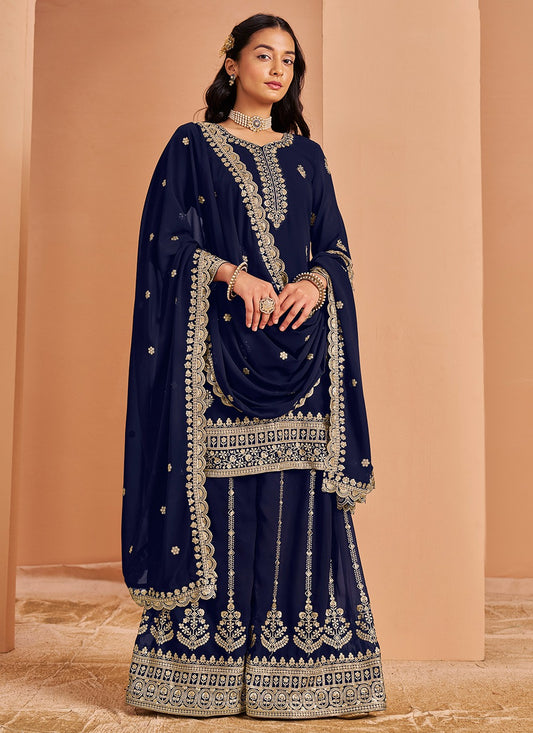 Navy blue color georgette sharara suit for wedding