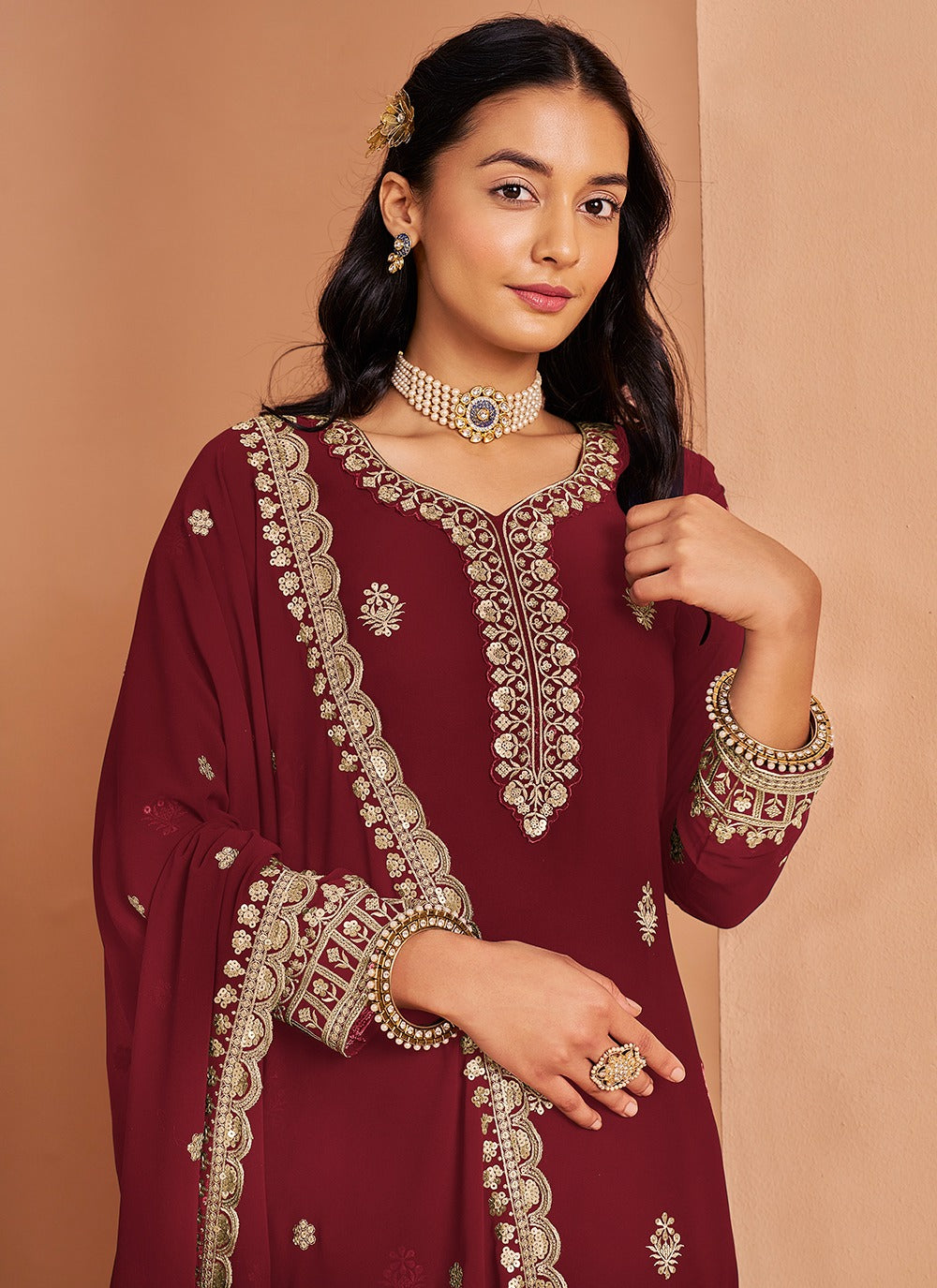 Maroon color georgette sharara suit with dupatta online