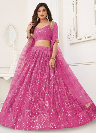 Pink color butterfly net lehenga choli for women