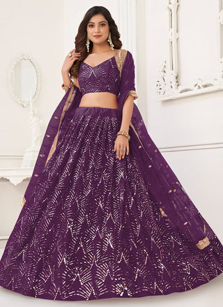 Wine color butterfly net lehenga choli for women