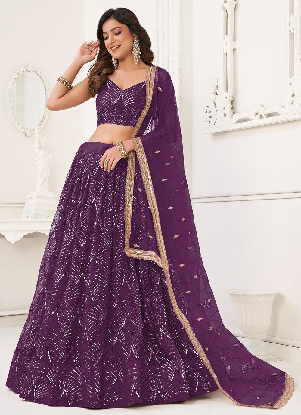 Wine color butterfly net lehenga choli for wedding