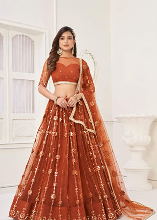 Brown net mirror embroidery work lehenga choli for women price
