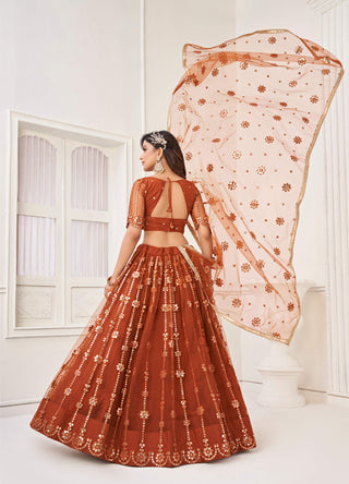 Brown color butterfly net lehenga choli with dupatta price