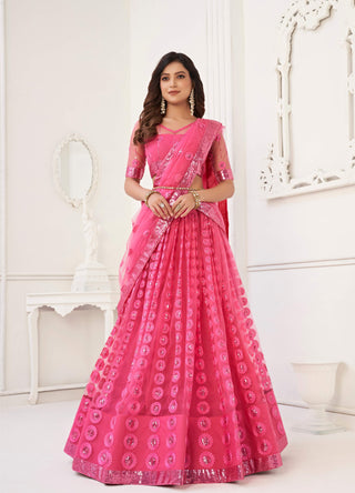 Pink net embroidery work lehenga choli for women with price
