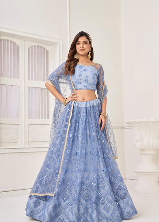 Blue net embroidery work lehenga choli for women with price
