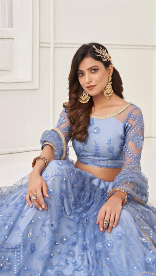 Reception wear blue net lehenga choli online shopping