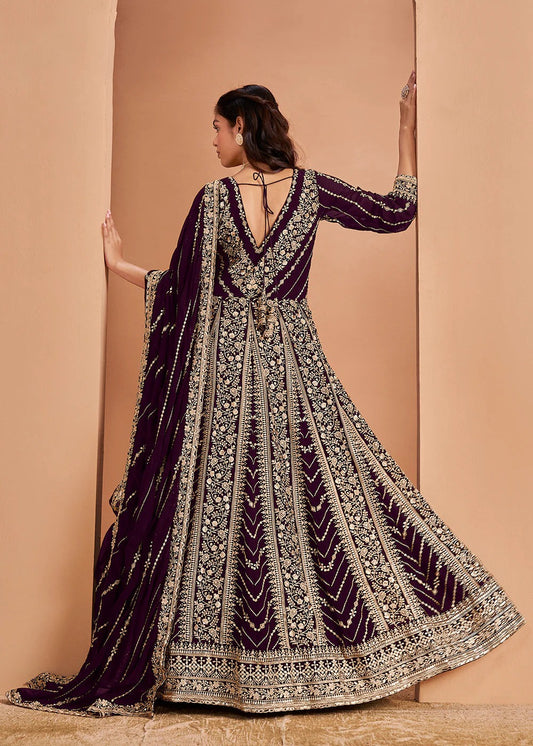 Long sleeve wine color georgette gown for women
